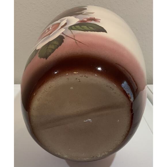 Vtg LARGE Hand Painted Red White Rose Floral Botanical Vase 13” H 7 5/8” D - Picture 8 of 8